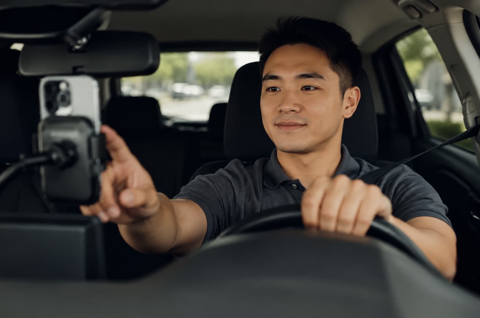 Driver setting up a phone before starting work