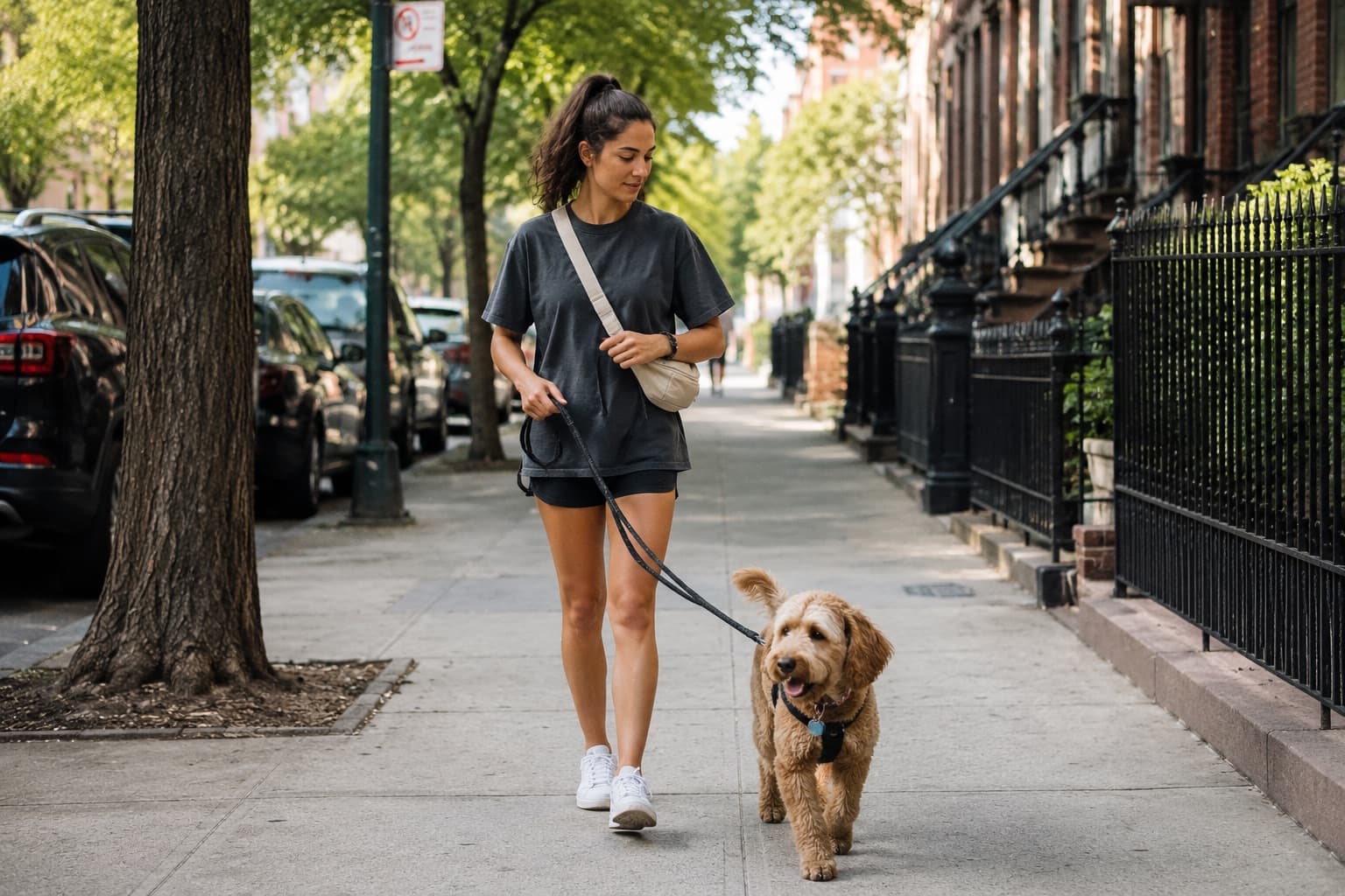 Person walking through the neighborhood while working