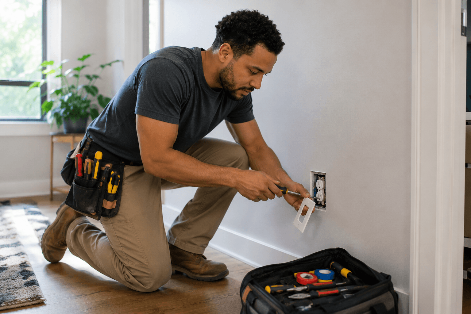Local service worker completing a home repair job with tools