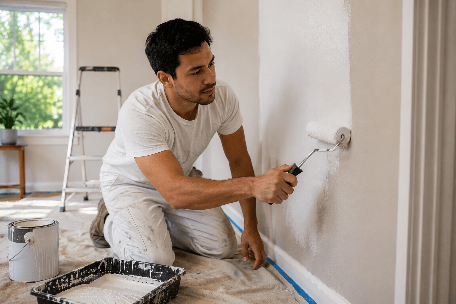 Painter working on a home-service project while comparing hands-on earning options