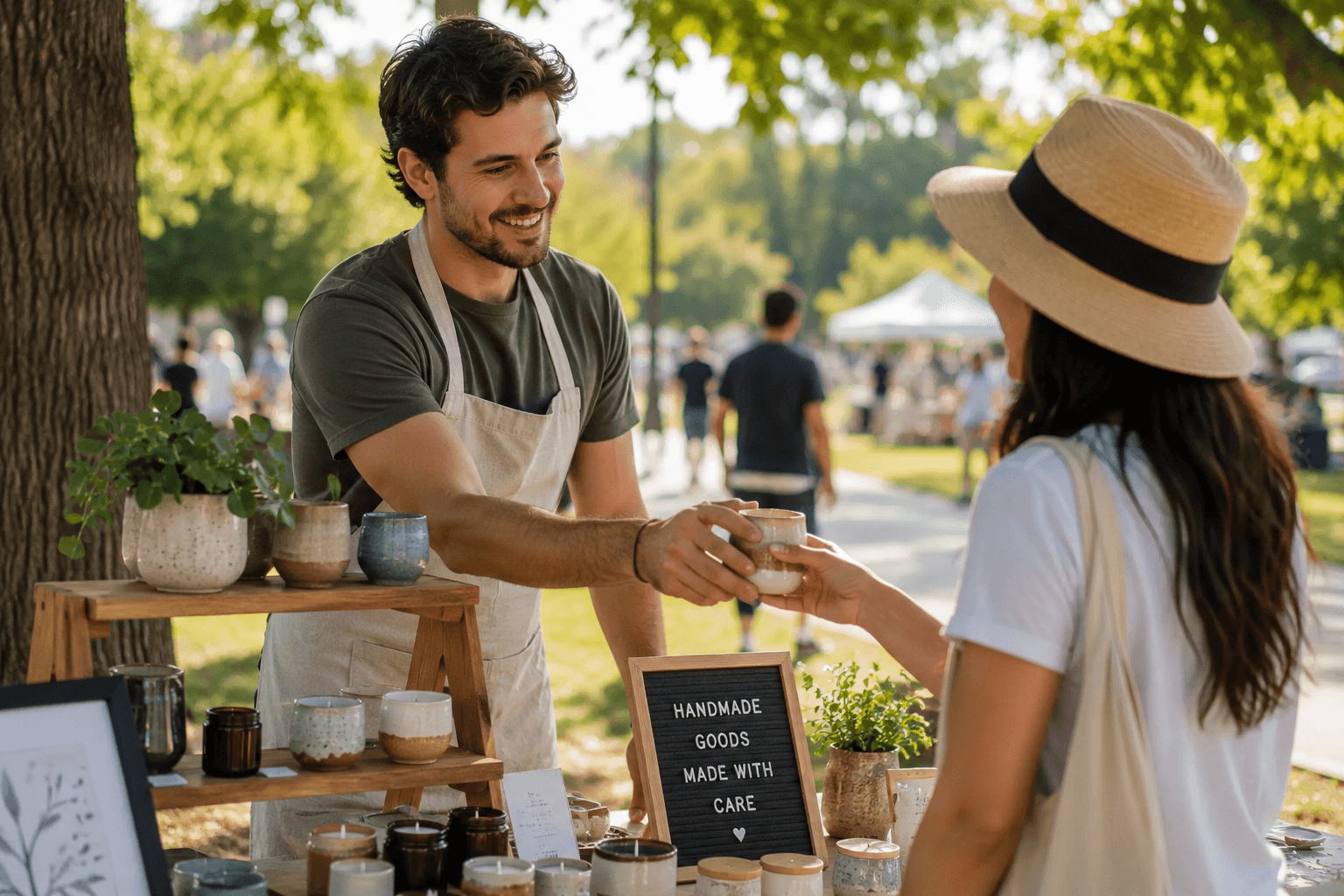 Independent local seller handing a handmade item to a customer at an outdoor market